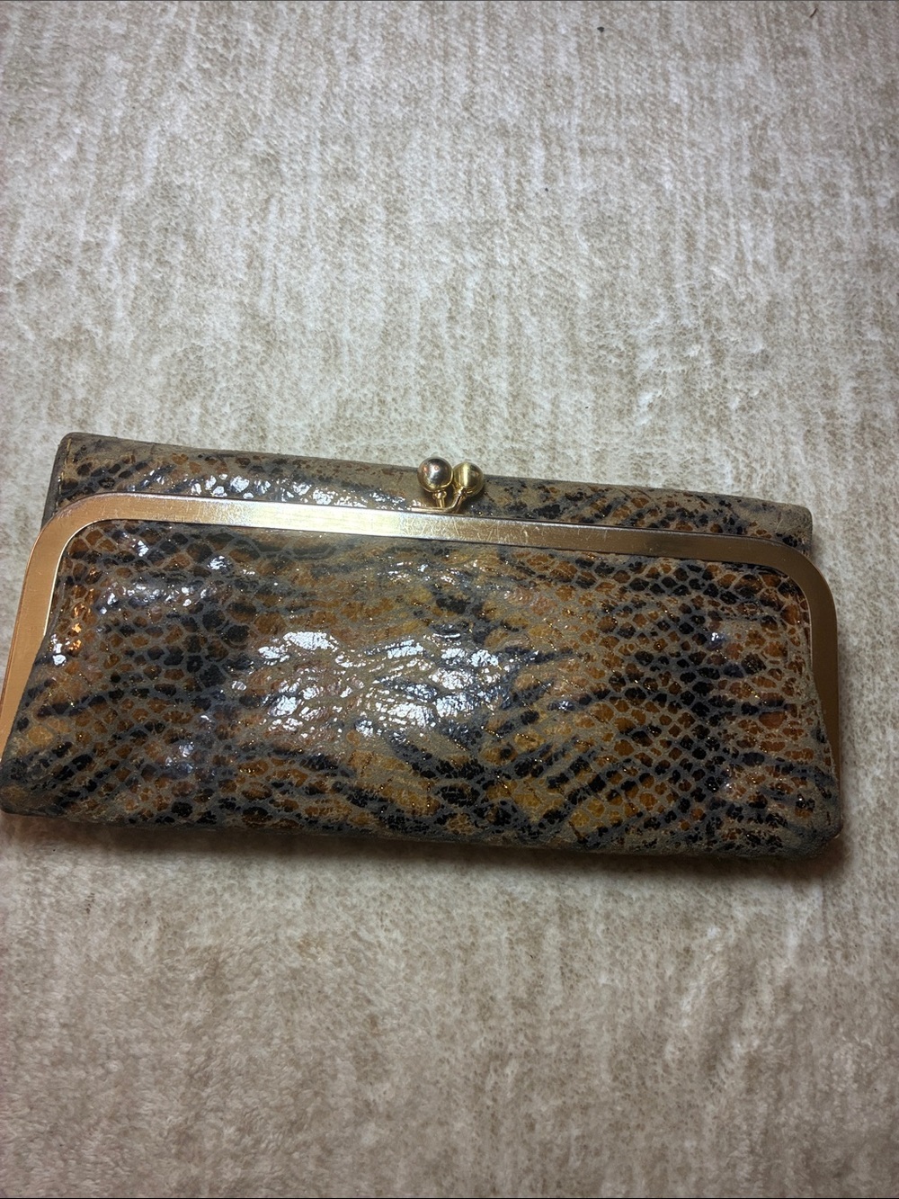 HOBO Brown Snakeskin Frame Clutch with Gold-Tone Kiss‎ Lock